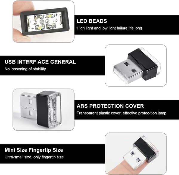 USB Bil Stemningslys - 6 stk. USB Monokrom LED Bil Interiør Stemningslys - Plug-in 5V Mini Interiørlys til Biler/Bærbare Computere/USB-porte