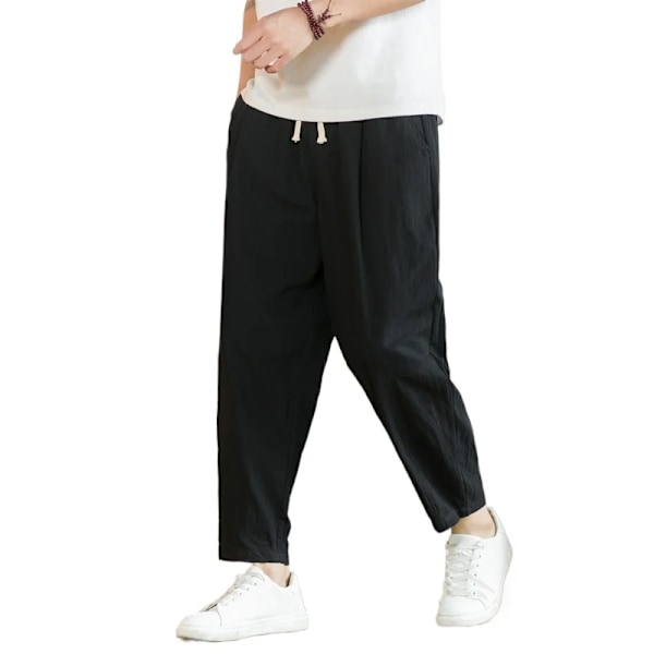 Streetwear Herr Bomull Byxor Casual Solid Färg Långa Byxor Andas Dragkedja Rak Byxor Harem Byxor Herr Baggy Byxor Svart Asiatisk M(45-55Kg)