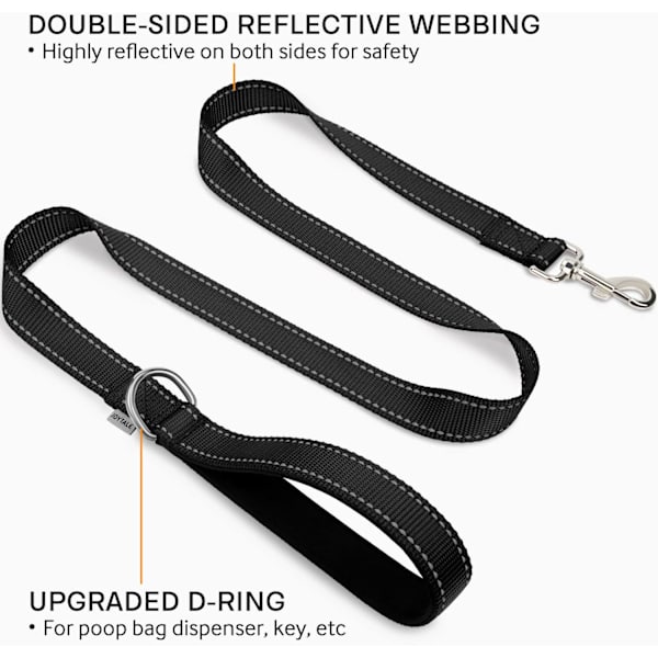 Reflekterende Hundeleie, 6FT/5FT/4FT, Polstret Håndtak for Medium & Store Hunder, Svart Black 4 ft Standard