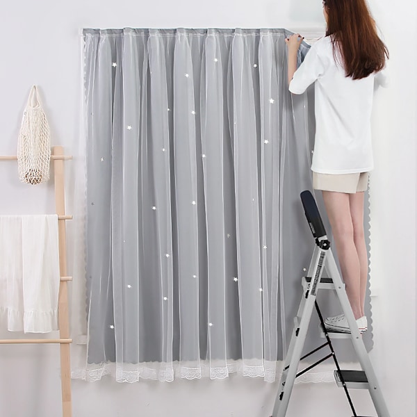 1. Moderiktiga söta blackout-gardiner med stjärnformade ihåliga mönster, lämpliga för barns sovrum, vardagsrumsdekoration, grå 100 cm x 150 cm