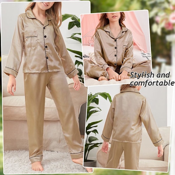Barnens siden satin pyjamas set, kortärmad knapp-down pyjamas för pojkar & flickor, mjuk nattkläder för ålder 10-13 Champagne 10-11y