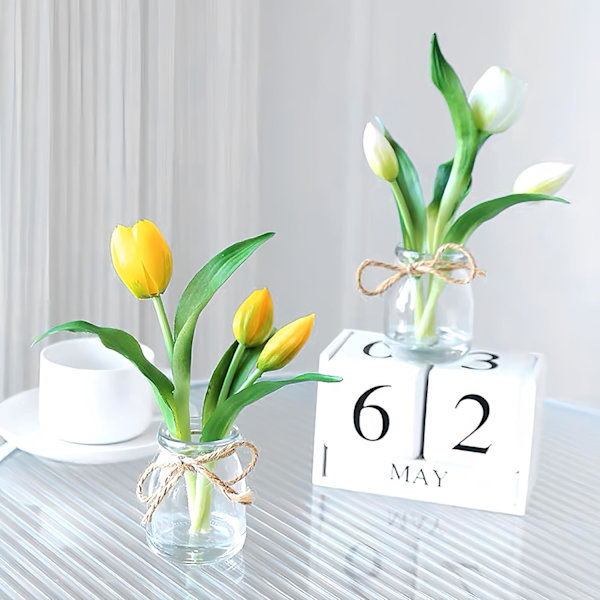 2 Pakke Ægte Touch Tulipaner i Vase med Kunstig Vand, Kunstige Blomster til Hjemmets Midtpunkt White+yellow