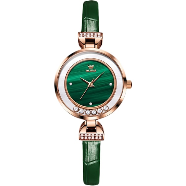 Damklocka Elegant Diamantklocka Dam Analog Kvartsklocka Vattentät Smaragd Klocka Mode Klänning Klocka med Läderrem GRÖN Green