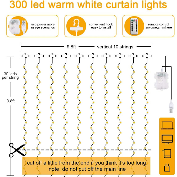 3x3m LED-gardinljusslinga, USB/Batteri, Fjärrkontroll, 8 lägen, Vattentät, Bröllop/Juldekoration USB+Battery Powered（Warm White）