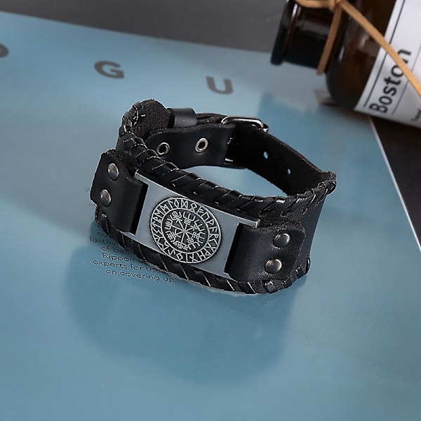 Brunt viikinkirannekoru, säädettävä ranneke, rannekoru Vegvisir-kompassilla, norjalainen amuletti, kelttiläinen pakanakoru (A)