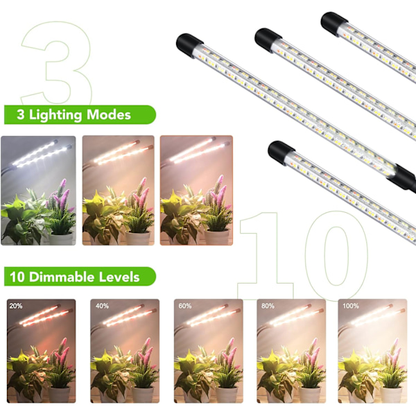 2-pack LED-växtlampa, 320 LED, Fullspektrum, Timer, Justerbar Ljusstyrka för Inomhusväxter