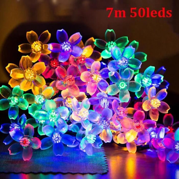 7M 50 LED:n aurinkokirsikankukan keijuvalot - 8 tilaa - Monivärinen - Keijuvalot puutarhaan ja terassille mångfärgad
