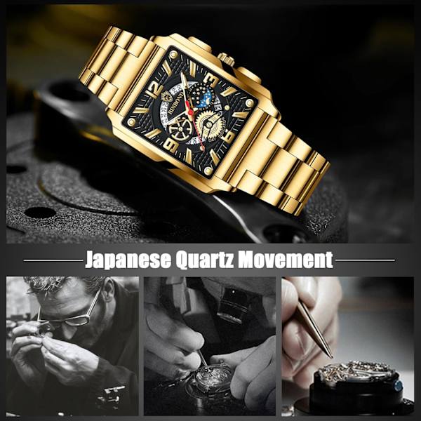 Rektangulære Herreur Fashion Analog Kvarts Armbåndsur Mænd Business Vandafvisende Ure Lysende Rustfrit Stål Armbånd Til Mænd Guld Sort B Gold Black B