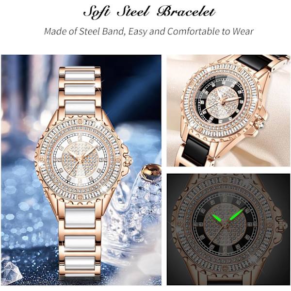 Dames Analogt Kvartsur Armbåndsur i Rustfrit Stål med Fuldt Diamantbesætning - Vandafvisende, Lysende, Elegant Kvadratisk Diamantur - Hvid White