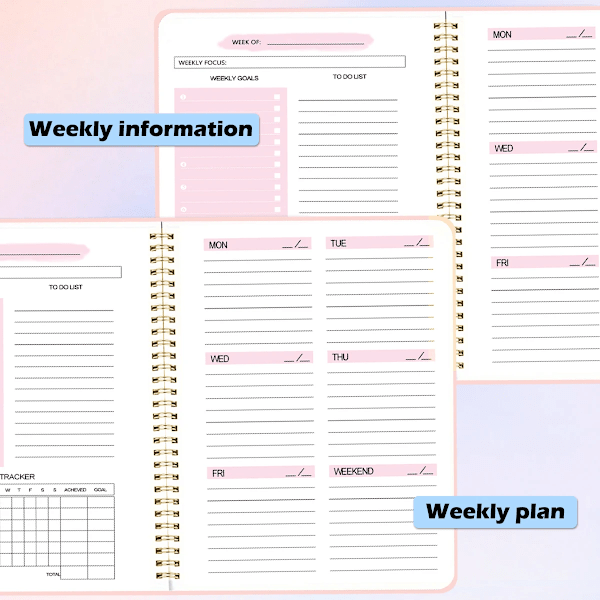 52 ugers ugeplanlægger notesbog A5 udateret spiral notesbog daglige studieplaner journalpapir kontor skoleartikler pink-A5