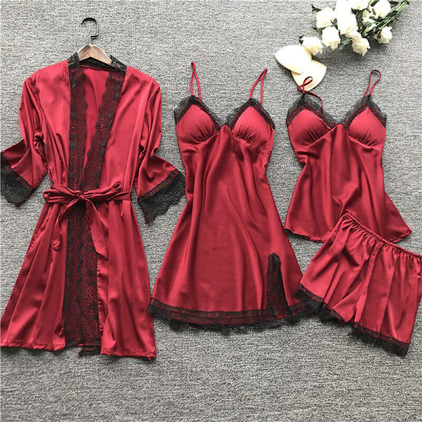 Ny Svart Spets Mode Kvinnor Sovplagg Med Bröstkuddar Nattlinne Kort Kofta Set Pyjamas Mörk röd Dark red XL