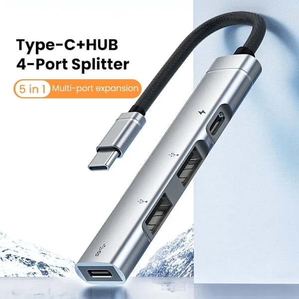 OTG S6 multi-splitteradapter för PC, 4-i-1 typ C HUB, USB 2.0, 4 portar, HUAWEI, Xiaomi, Macbook, iPad, 15W laddning Grå