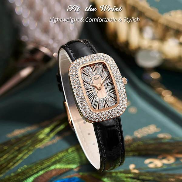 Naisten timanttikello Analog Quartz Rhinestone rannekello Naisten elegantti kello Nahkainen ranneke Vedenkestävä kello Musta Black