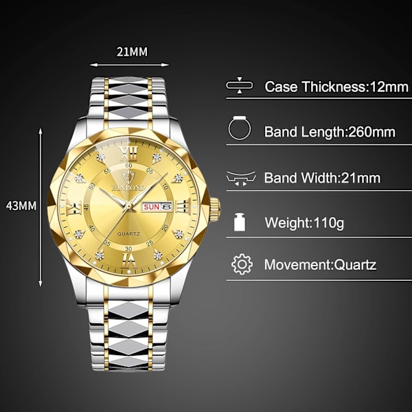 Elegant Herre Quartz Armbåndsur Klassisk Rustfrit Stål Herreur Diamant Vandafvisende Ur Multifunktionelt Forretningsur til Mænd Guld D Gold D
