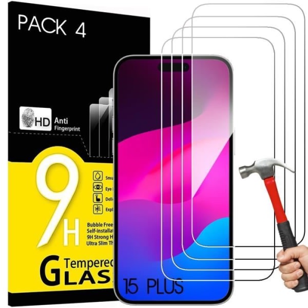 CQBB [4 delar] Härdat glas för iPhone 15 Plus genomskinligt skärmskydd mot repor