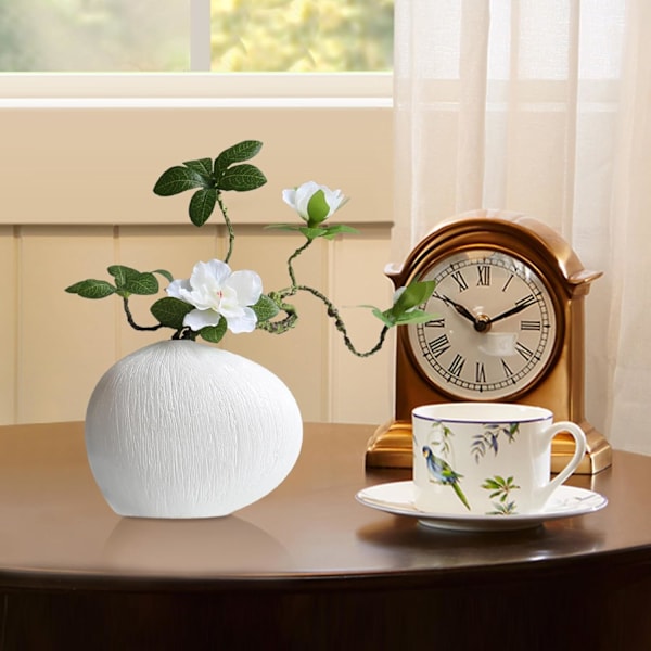 Keramisk blomkruka – geometrisk formarrangemang, vit dekorativ kruka för mantel, bokhylla Vit vas + vit fenix och azalea