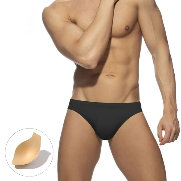 Badbyxor för män Strandbyxor Surfing Låg midja Sexig surfbräda Enfärgad badkläder Vadderade Push-up Simbaddräkter Black With Pad XL