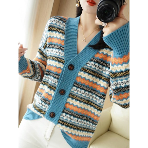 Dam flickor Stickad tröja Koreansk stil V-ringad Etnisk stil Jacquard stickad cardigan Lake Blue L Lake Blue L