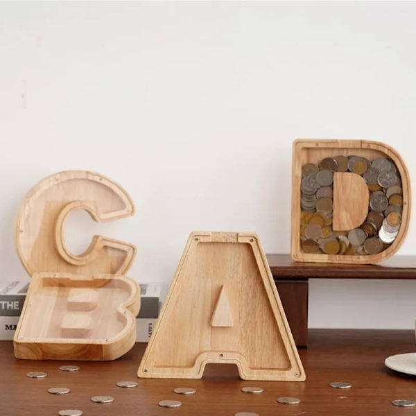 26 Engelske Alfabet Sparebøsse Mønter Penge Piggy Bank Træ Bogstaver Sparekasse Desktop Ornament Hjem Indretning Hobby Til Skrivebordsbearbejdning Børn X