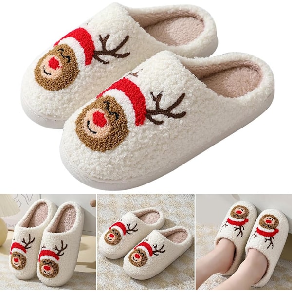 Plush Jultofflor för Kvinnor och Män, Rolig Älgdesign Red pure B 42/43 EU