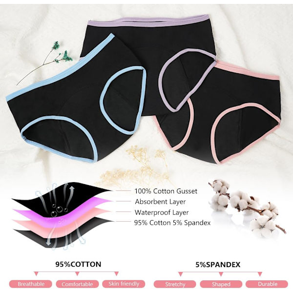 Flickors period trosor, 3-pack menstruation trosor, andningsbara bomullsunderkläder, läckagefria skyddande trosor, bomulls kalsonger (10-16 år)