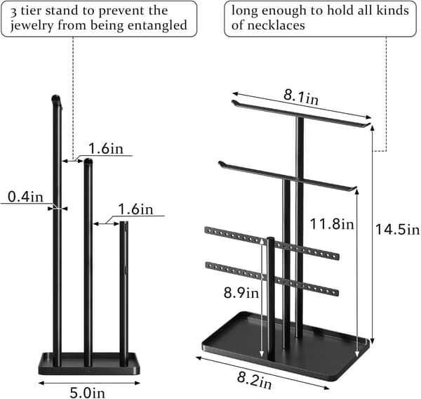 Smyckesställ, 32 cm högt, robust metall, 3-vånings smyckeshållare, vit_max Black
