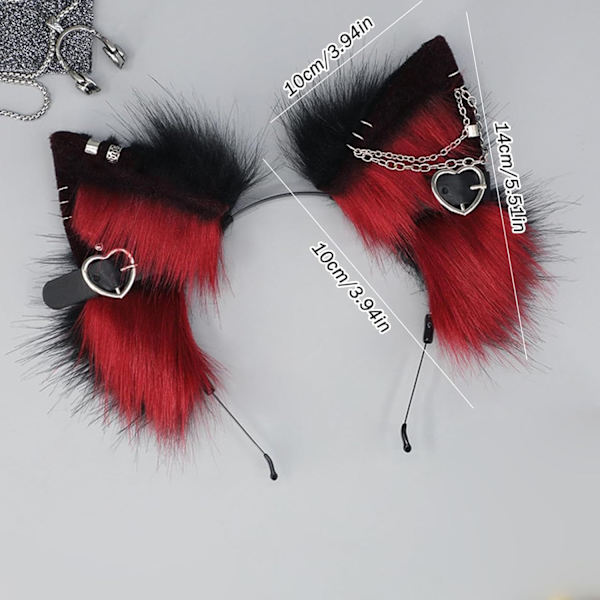 Plush Katteøre Hodebånd, Elastisk Halloween Hodebånd med Metallhjerter, Rød Wine, red B
