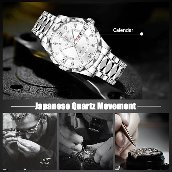 Herrar Elegant Kvarts Armbandsur Klassisk Rostfritt Stål Herrklockor Diamant Vattentät Klocka Multifunktionell Affärsklocka för Män Vit White