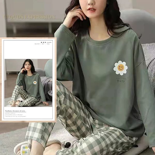 Vores efterår store størrelse 5Xl kvinder polyester pyjamas ternet sovetøj langærmede hjemmetøj sæt damer simm løs casual pyjamas W9 kvinder pyjamas L