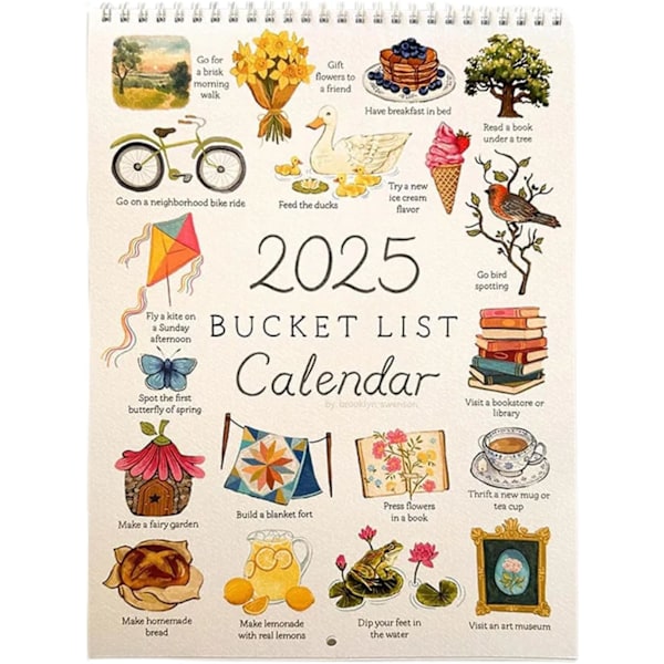 2025 Bucket List Väggkalender - 12 Månader Spiralbunden med Anteckningar och Att-Göra-Listor