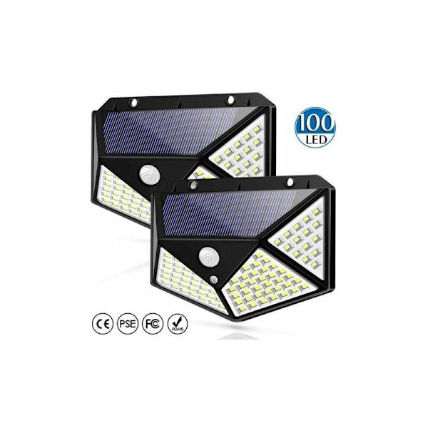 Sæt med 2 Solar Flood Lights med bevægelsessensor 100LED Fyrsidet lys Solar Wall Light
