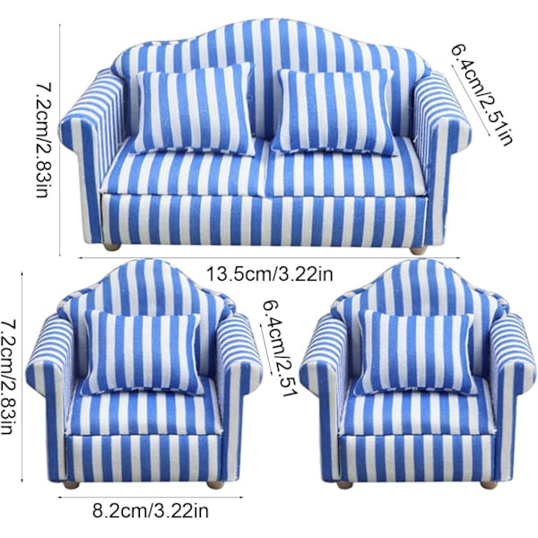 Miniatyyri Nukkekotisohvasetti - Punainen ja Valkoinen Raidalliset 1:12 Mittakaavan Olohuoneen Leikkikaluhuippukalusteet Blue Three piece set