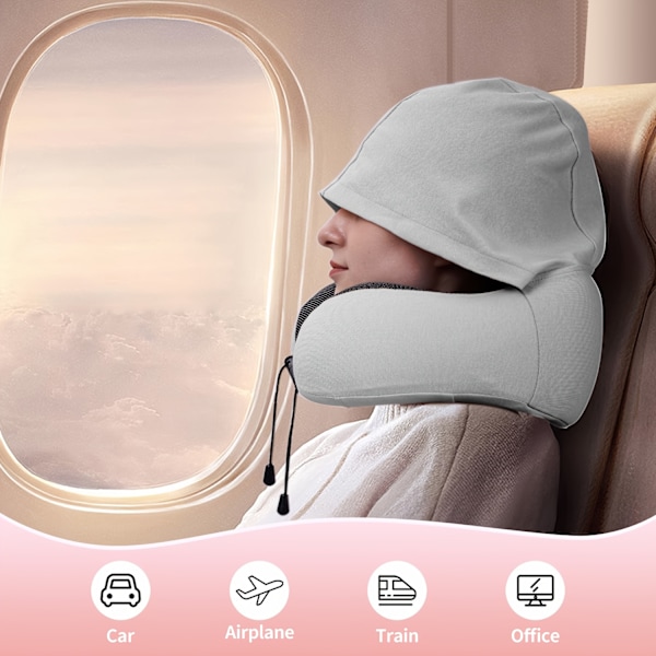 Nackkuddar med huva för resor, nackkudde med memory foam med 360° huvudstöd Bekväm för flygplan, bil, kontor Hem Sovvila Resekudde Grå