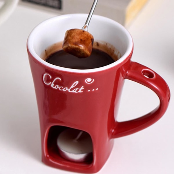 Choklad Fondue Set, Keramisk Smältkruka med TeLjus, Multifunktionell 11x8,8x12cm Red