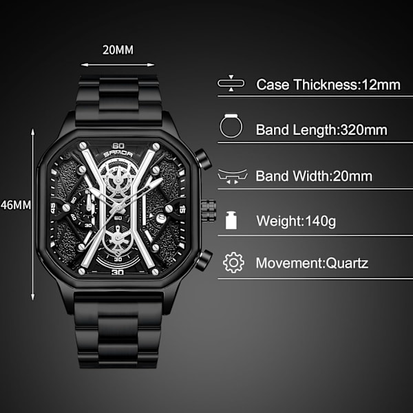 Kvartsarmbandsur för män affärsarmbandsur i rostfritt stål lysande analogt armbandsur multifunktionell kronograf klocka mode fyrkantig klocka Svart C Black C