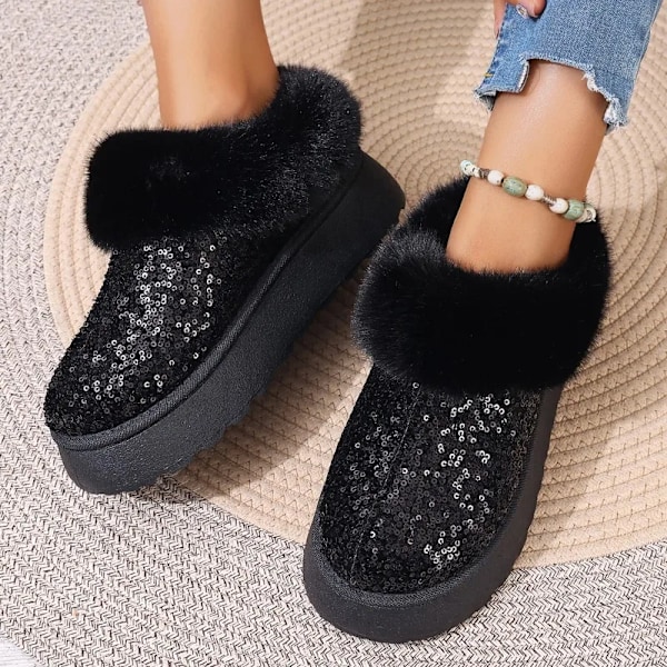Faux Päls Vintersövlar Kvinnor 2024 Mode Sequined Tyg Värm Snö Stövövlar Kvinna Icke-Slipa Förtjocka Plus Ankel Booties Plus Si Se 44. svart 37