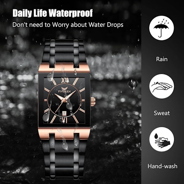 Herrar Kvarts Armbandsur Enkel Kvadratisk Klocka Affärs Vattentät Klocka Datumkalender Luminous Klocka med Rostfritt Stål Armband för Män Svart Ros Black rose