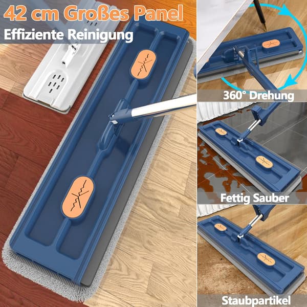 Stor Flat Mop med 360° Rotterbar Vringing, Mikrofiberputer for Hardtre Blue + 2 rags