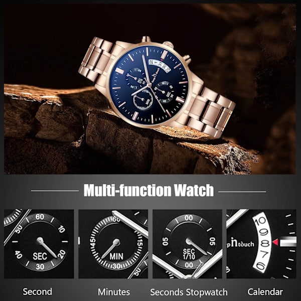 Mænd Analog Kvarts Forretningsure Lysende Vandafvisende Armbåndsur Dato Kalender Ur Chronograph Rustfrit Stål Rem Ur Sort Rosenguld Black rose gold