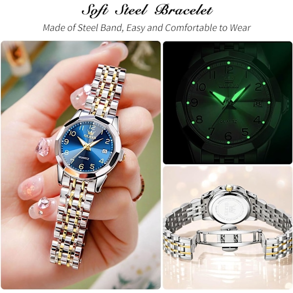 Damer Klassisk Armbåndsur i Rustfritt Stål Elegant Analog Kvartsur Vannresistent Klokker Lysende Dato Kalender Klokker Blå Blue