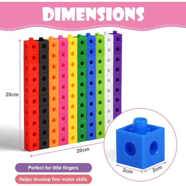 100 stk lenkekuber med 10 farger, matematikkuber for tidlig læring og matematikk, magiske telleklosser, telleklossesett for skole og hjem - 2 CM