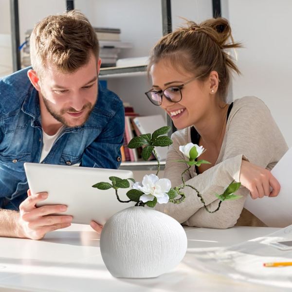 Keramisk blomkruka – geometrisk formarrangemang, vit dekorativ kruka för mantel, bokhylla Vit vas + vit fenix och azalea