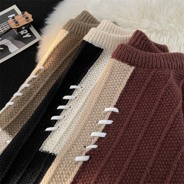 Kaffe Brun Stitching Tröja Män Höst Och Vinter Nya Amerikanska Vintage Tröja Trendy Pullover Crew Hals Rock Mäns Kläder Aprikos XXL