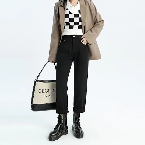 FINORD Højtaljede Casual Beige Baggy Jeans til kvinder Koreansk efterårsjeans Streetwear Harajuku Vintage Vinter Straight jeansbukser Sort M Black M