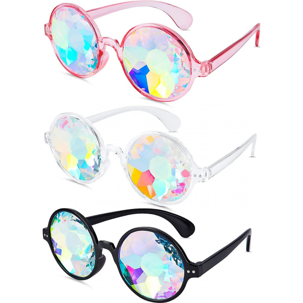 Aveki 3 Par Kalejdoskop Rave Briller Festivaler Goggle Regnbue Solbriller Kalejdoskop Solbriller Prisma Refraktion Briller (Sort, Klar, Pink)