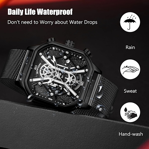 Quartz armbåndsur til mænd business rustfrit stål ur lysende analog armbåndsur multifunktionel chronograph ur mode firkantet ur Sort B Black B