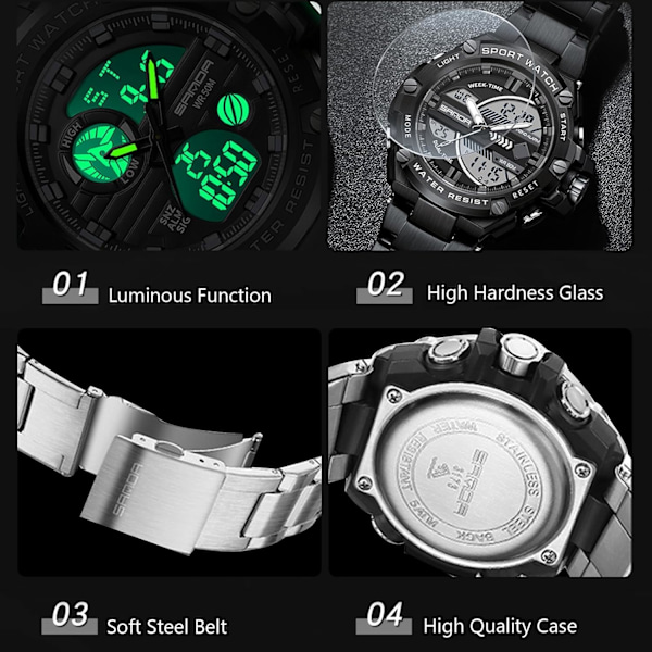 Herrar Dubbel Display Klocka 5 ATM Vattentät Digital Analog Militär Rostfritt Stål Svart C Black C