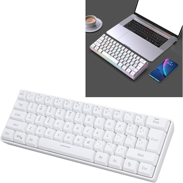 Gaming Tastatur 60 Procent Lille Gaming Tastatur 3-Modes Tastatur Stille 61 Taster 2.4G Teclado Gamer Trådløs Kabelforbundet RGB Baggrundsbelyst Tastatur til Bærbar Vit