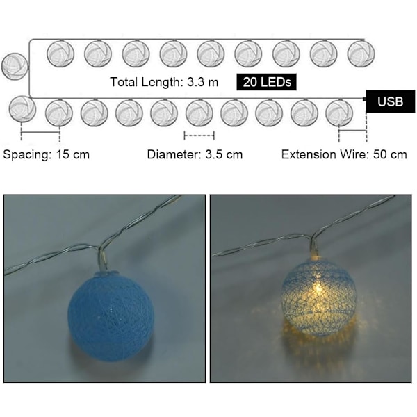 Bomuldsbolde lyskæde, 3,3 m bomuldsbolde lyskæde, 20 LED bolde lyskæde, lyskæde, LED lyskæde til børneværelse, soveværelse, jul, bryllup, fest Macaron USB