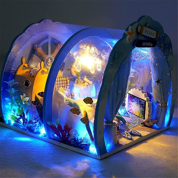 Ocean Tunnel Dockhus Med Möbler Led Ljus Kit Diy Miniatyr Trä Dockor Hus Romantisk Konst Handverk Barn Jul Födelsedagspresent Hus Modell